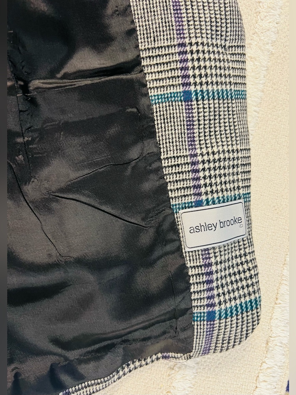 Vintage 90s Glen Plaid Boyfriend Blazer – Black, White & Teal – M/L - Picture 7 of 13